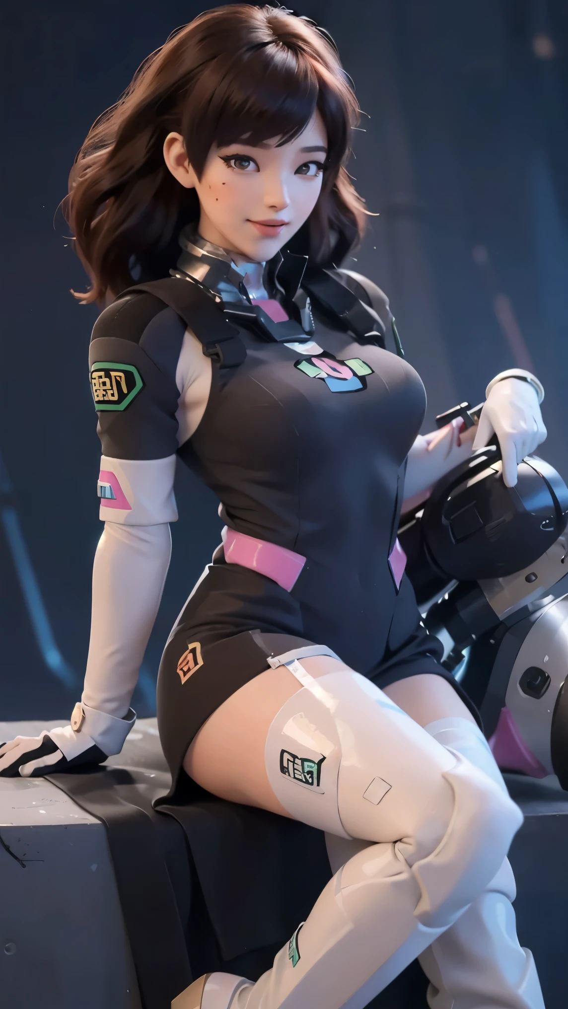Tracer da overwatch,(best qualityer,4K,8k,high resolution,work of art:1.2)(weather: cloudy), Mondstadt forest background, forest road, freckles, mechanical armor, tight blue and pink bodysuit, pink whiskers, white gloves, white boots, headset, long straight hair, brown hair, ultra detailed, realistic,portraite,beautiful detailed hazel eyes, glowing eyes,blush,beautiful detailed lips,extremely detailed eye and face, long eyelashes,sexly,average, large breasts,beaming smile, flirty smile,powerful girl, cute pose, stunning curves,bright coloured,dramatic lighting,