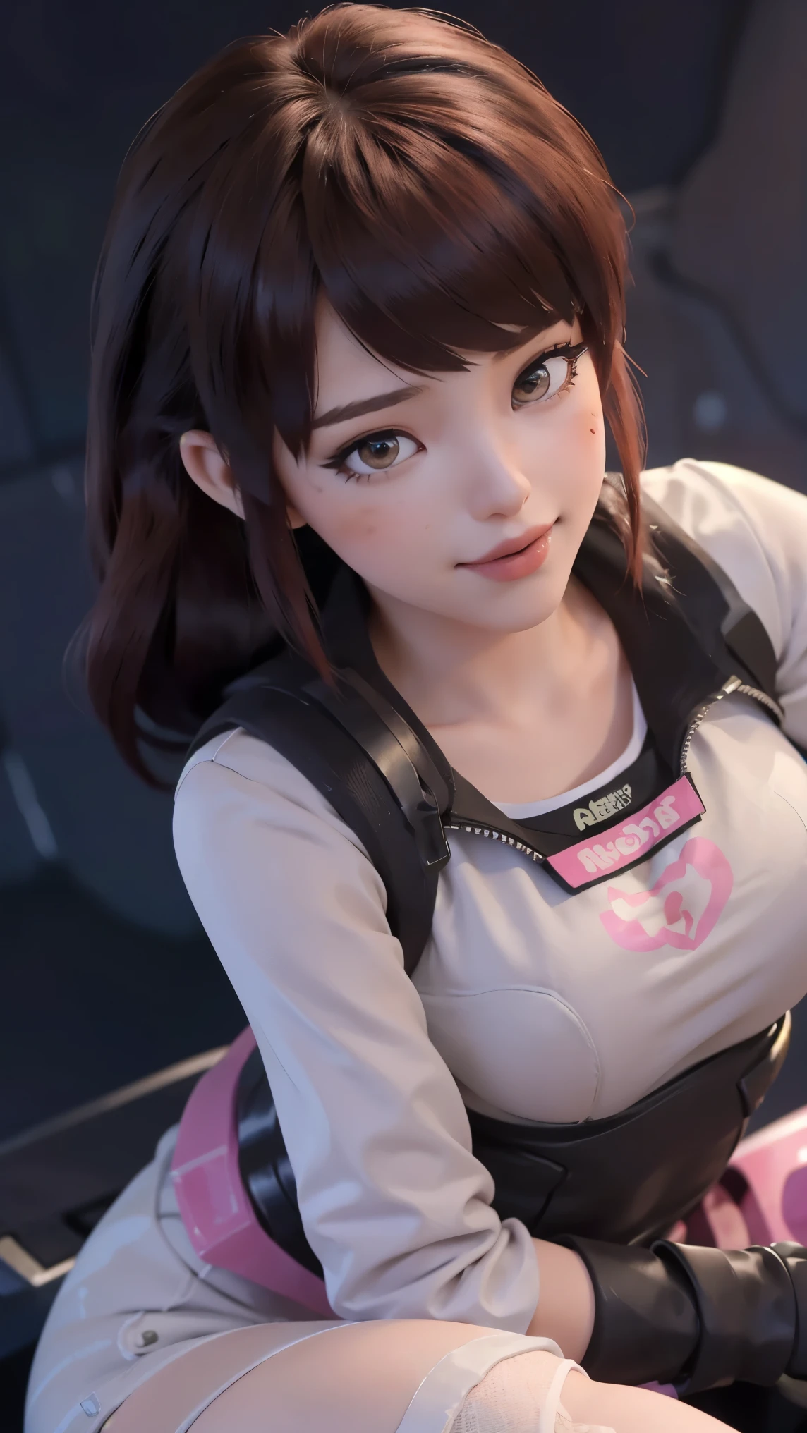 Tracer da overwatch,(best qualityer,4K,8k,high resolution,work of art:1.2)(weather: cloudy), Mondstadt forest background, forest road, freckles, mechanical armor, tight blue and pink bodysuit, pink whiskers, white gloves, white boots, headset, long straight hair, brown hair, ultra detailed, realistic,portraite,beautiful detailed hazel eyes, glowing eyes,blush,beautiful detailed lips,extremely detailed eye and face, long eyelashes,sexly,average, large breasts,beaming smile, flirty smile,powerful girl, cute pose, stunning curves,bright coloured,dramatic lighting,
