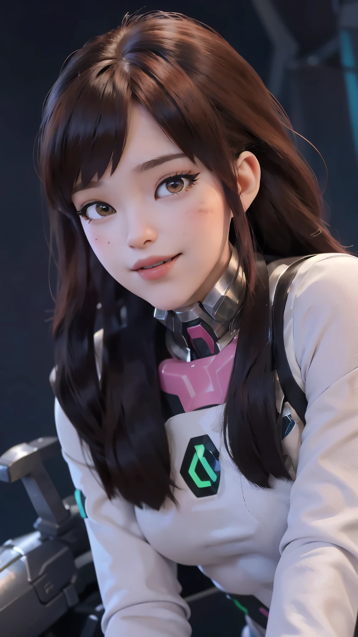 Tracer da overwatch,(best qualityer,4K,8k,high resolution,work of art:1.2)(weather: cloudy), Mondstadt forest background, forest road, freckles, mechanical armor, tight blue and pink bodysuit, pink whiskers, white gloves, white boots, headset, long straight hair, brown hair, ultra detailed, realistic,portraite,beautiful detailed hazel eyes, glowing eyes,blush,beautiful detailed lips,extremely detailed eye and face, long eyelashes,sexly,average, large breasts,beaming smile, flirty smile,powerful girl, cute pose, stunning curves,bright coloured,dramatic lighting,