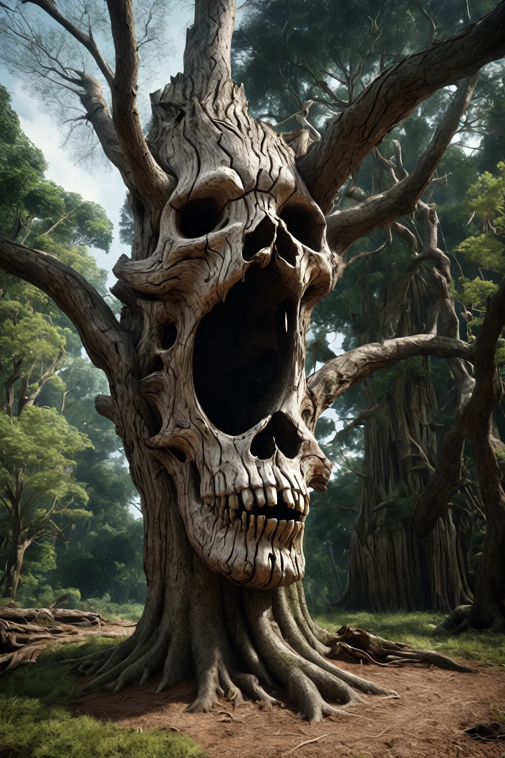 Take an ancient tree that has many cut or broken lower branches then carve a huge skull or monsterous face with the proteuding branch stumps and the knot holes. Then grow bark back over it so it looks natural. photorealistic, cinematic portrait, cinematic photography, cinematic photography. Portrait photography, ultradetailed, UHDR hyper realistic.