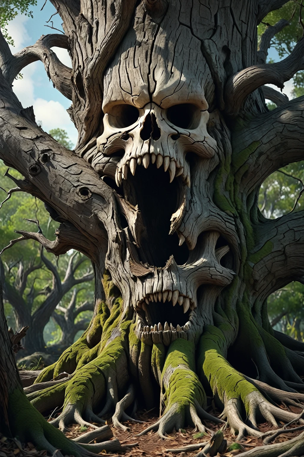 Take an ancient tree that has many cut or broken lower branches then carve a huge skull or monsterous face with the proteuding branch stumps and the knot holes. Then grow bark back over it so it looks natural. photorealistic, cinematic portrait, cinematic photography, cinematic photography. Portrait photography, ultradetailed, UHDR hyper realistic.