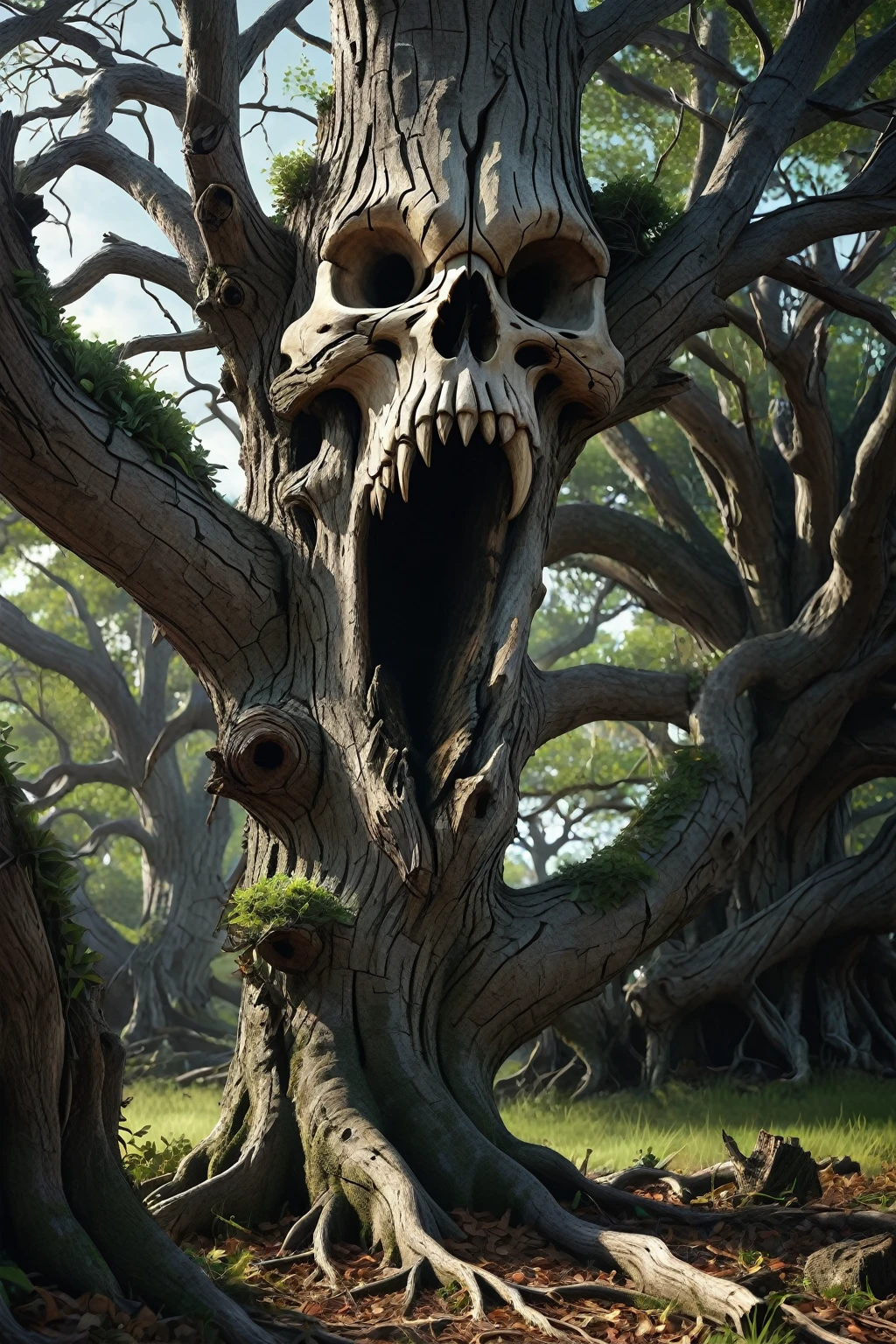 Take an ancient tree that has many cut or broken lower branches then carve a huge skull or monsterous face with the proteuding branch stumps and the knot holes. Then grow bark back over it so it looks natural. photorealistic, cinematic portrait, cinematic photography, cinematic photography. Portrait photography, ultradetailed, UHDR hyper realistic.