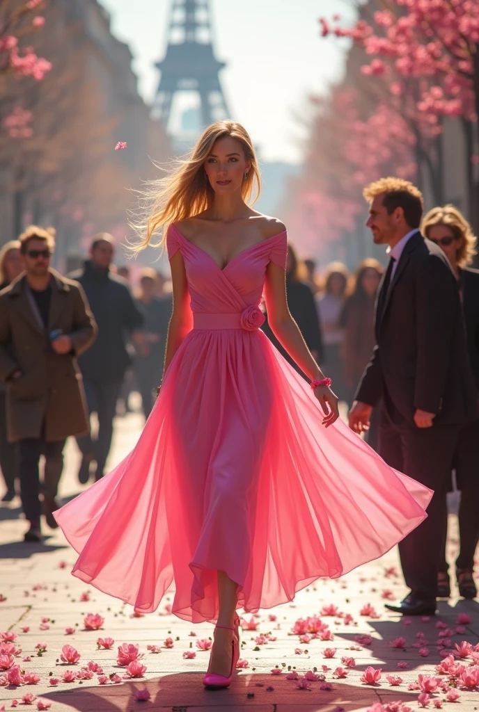 A woman in a pink dress walking in Paris and people are looking at her