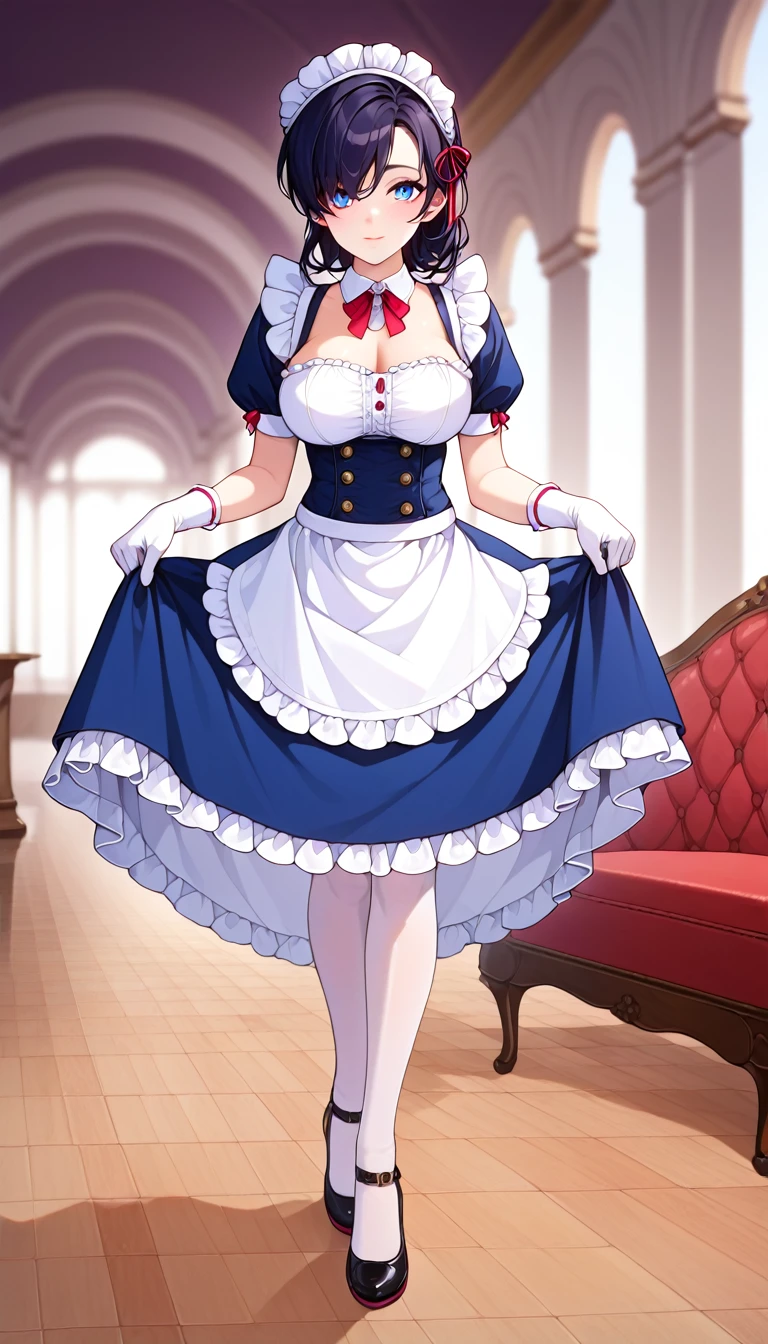 1girl, solo, masterpiece, best quality, (anime art style:1.0), round breasts, short black hair, hair covering one eyes, blue eyes, blushing, maid headdress, + SDXL pose) Curtsey (Skirt Hold Bowing) white lacy gloves, soft pink lips, short maid uniform, black Mary jane shoes, white thigh highs, holding a plate of pancakes and syrup, standing in a ballroom, ballroom, landscape