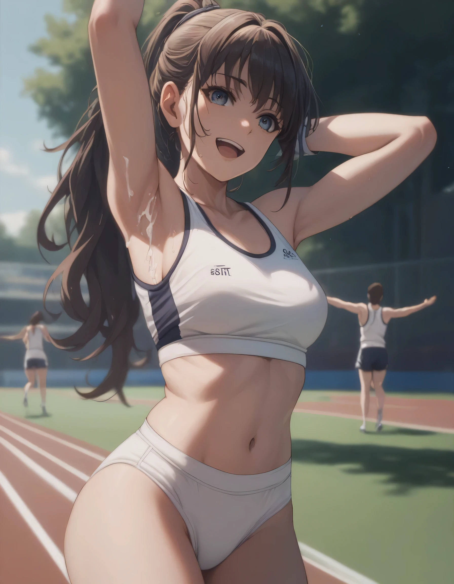 (masterpiece,Highest quality:1.3,best quality illustration),cowboy shot,1woman,20 year old Japanese beauty,((very small head:1.4)),Long brown hair,bangs,brown eyes,gorgeous eyes,blush,smile,small breasts,((very long body:1.4)),(toned body,slender body,skinny,tan skin),(Navy blue sports bra、navel、Dark blue sports shorts),gleaming skin,shiny skin,(sweat:1.3),standing,Arena、Tokyo、