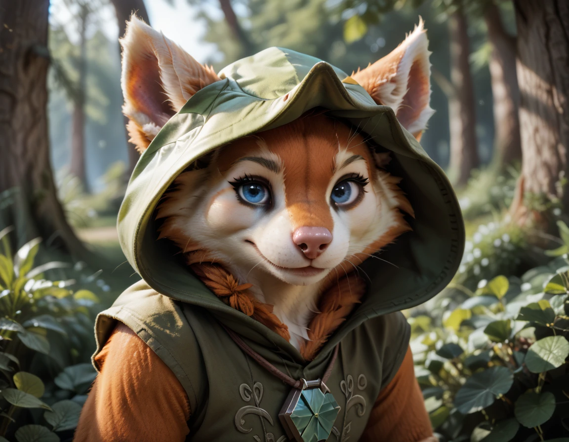 Score_9, Score_8_up, Score_7_up, Score_6_up, Score_5_up, Score_4_up, source_furry, realistic, photo, detailed face, eyes, hair and fur, BREAK, looking at viewer, furry girl, blue eyes, (green hood, ears through headdress, orange wool, hoodwink dota 2, 