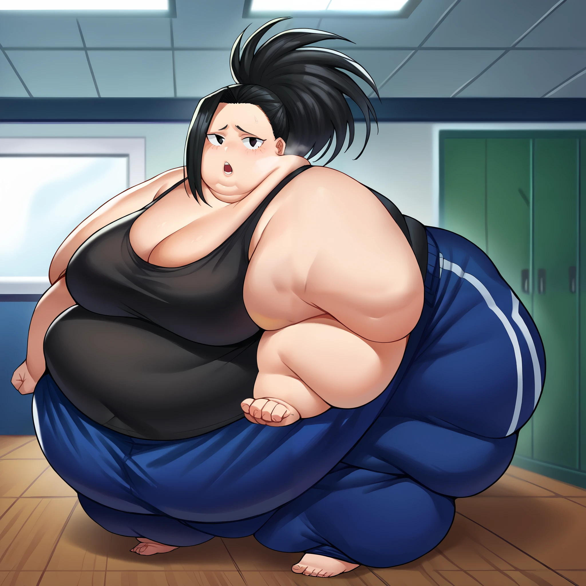 score_9, score_8_up, score_7_up, source_anime,
yaoyorozumomo, black eyes, black hair, ponytail, long hair, hair pulled back,
bare shoulders, pants, black shirt, tank top, blue pants, black tank top, track pants,
indoors,
looking at viewer,  fat, chubby, obese, gigantic arms and legs, large breasts open mouth, out of breath, full body shot, fat face, swollen face, chubby face, double chins,