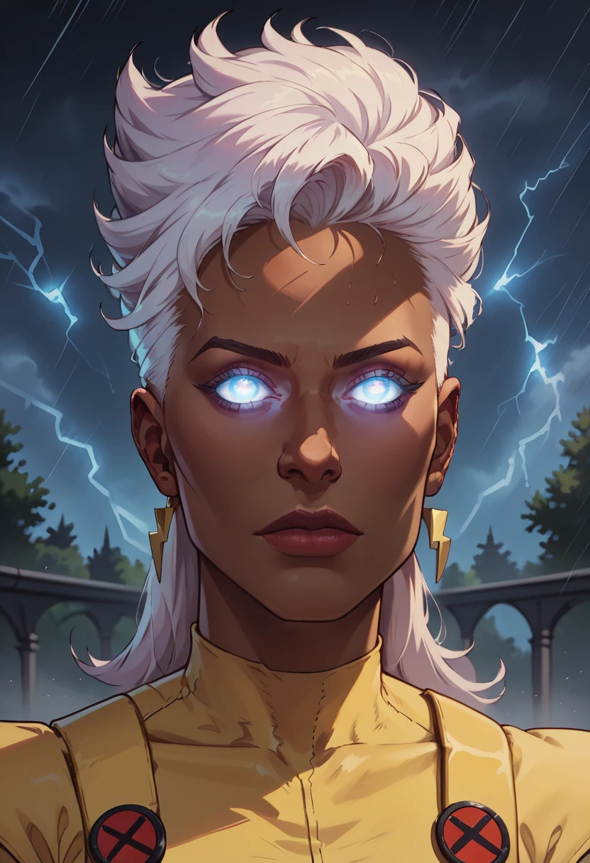 score_9, score_8_up, score_7_up, 1girl, High resolution, Very detailed, perfect lighting, beautiful detailed eyes, ((masterpiece,Best Quality)), absurdities, Alone, Storm, \(X-Men\), dark skin, balck skin, glowing white eyes, Mohican hair