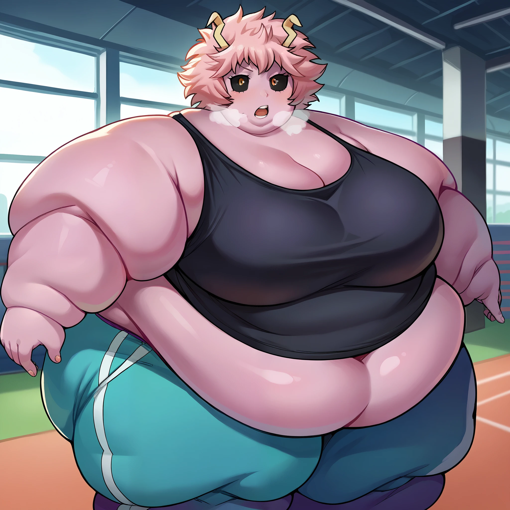 score_9, score_8_up, score_7_up, source_anime,
Mina Ashido, pink skin,
bare shoulders, pants, black shirt, tank top, blue pants, black tank top, track pants,
indoors,
looking at viewer,  fat, chubby, obese, gigantic arms and legs, large breasts open mouth, out of breath, full body shot, fat face, swollen face, chubby face, double chins,