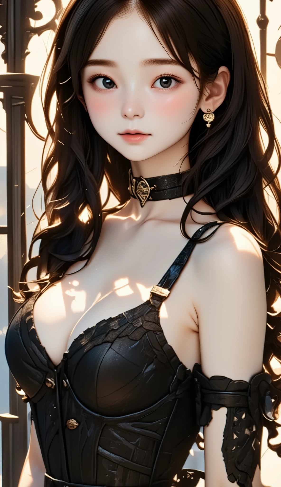 (U high definition , retina, masterpiece, Accurate,  Anatomically Accurate , textured skin,  Very detailed,  attention to detail ,  High Quality , 最 High Quality ,  high definition , 1080P,  high definition , 4K, 8k, 16k), ( beautiful details ,  Beautiful Lip Details ,  Very detailedな目と顔),  studio lighting,  physical based rendering,  bright color, ( Gothic Dress), (Portraiture,  shiny hair, shiny skin), [ stained glass window , Bokeh], ( tilt her head to the side :1.5), Eye Reflexes, (:1.5), (Gothic art, Pale skin, the above:1.5), Monochrome,