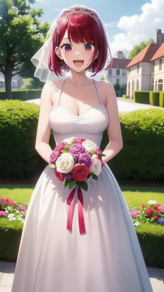 1 girl, straight short hair,  mediumvioletred hair, mediumvioletred eyes, big droopy eyes, wedding Dress, standing, garden, confetti, holding bouquet, smile, open mouth,