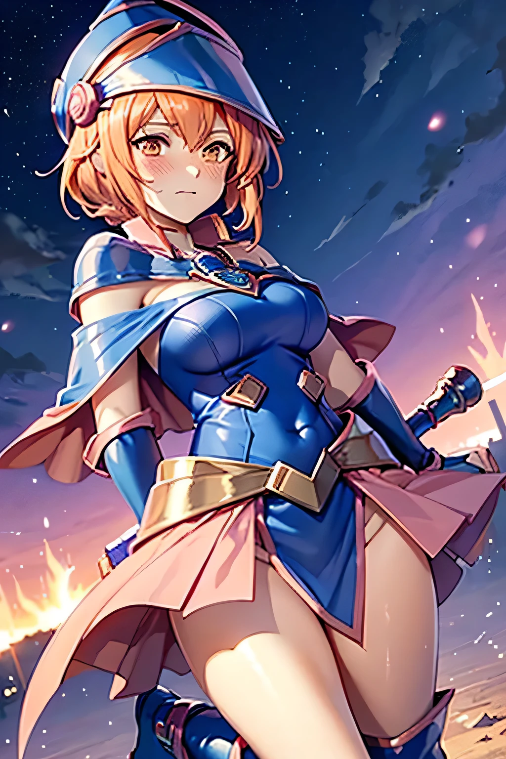 leonie pinelli from fire emblem, (short orange hair), wearing a dark magician girl costume, (blue and pink costume, yugioh, dark magician girl, dark magician girl hat, boots), cute pose, blushing, shy, sad, ashamed expression, thin_hips_and_legs, magic school, beautiful, high resolution, beautiful, female, 8k