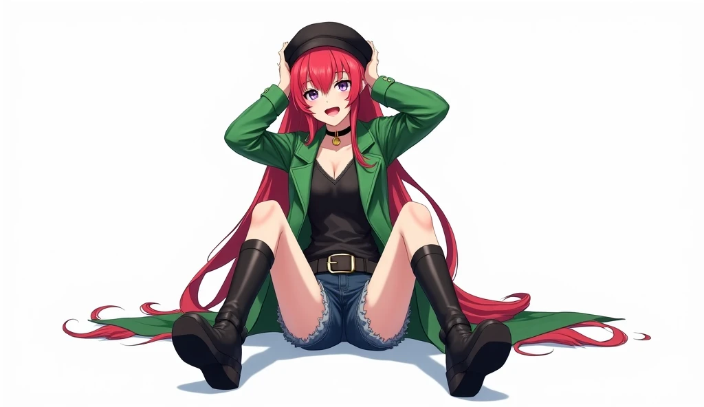 アニメ, best qualityer, Caucasian female, long red hair, Red eye , long sleeve black fitted shirt , black short skirt , black long boots,black halo, black cyberpunk glasses on head, black devil syrup, with a cigarette