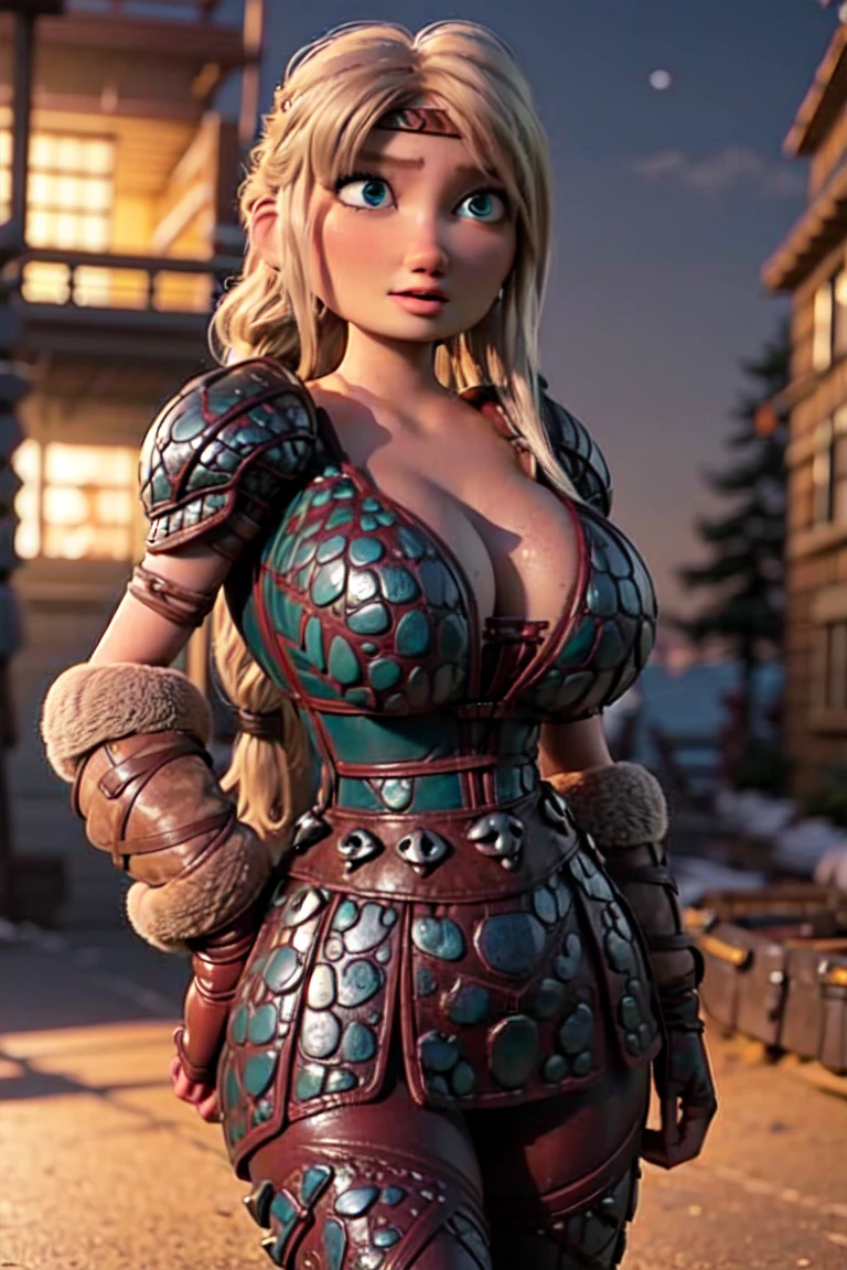 masterpiece, high quality, best quality, realistic, dark theme, blue theme, perfect face, expressive eyes, astrid hofferson, 1girl, solo, blonde hair, (single_braid:1.3), blue eyes, armor, (huge breasts, absolute cleavage, plunging neckline:1.2), v-cut, voluptuous, zettai ryouiki, wide hips, thick thighs, depth of field, standing, contrapposto, viking village, night, dark, darkness, moonlight