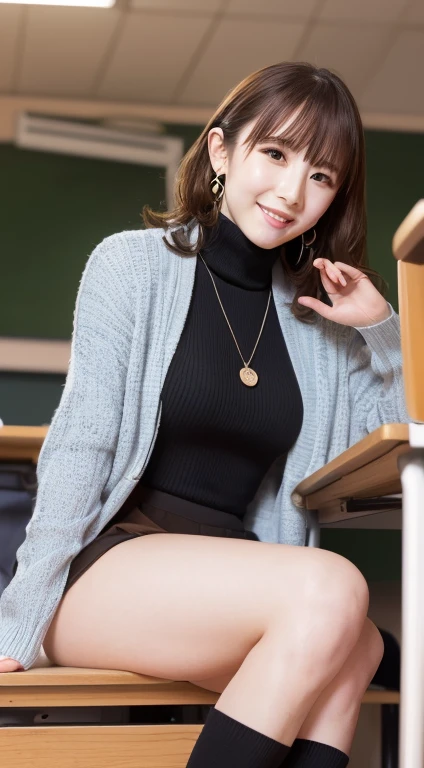(Tabletop, Highest quality, High resolution, , Pixel perfect, 4K,), 1 girl, single, alone, Beautiful woman、I could see the whole body、 ((Mid-wave hair, bangs, Brown Hair)), ((Brown eyes, Beautiful eyelashes, Realistic eyes)), ((Detailed face, blush:1.2)), ((Smooth texture:0.75, Realistic texture:0.65, Realistic:1.1, Anime CG style)), Medium chest, Dynamic Angle, Perfect body, ((, female teacher, , Earrings、necklace、White sleeveless turtleneck sweater、Beige flared skirt、Black knee-high stockings、Spread your legs wide、Leaning forward、A shy smile)), Upward glance、、、evening、Sit on a desk、Bring your arms together to emphasize your chest、(、()、Angle from below)、