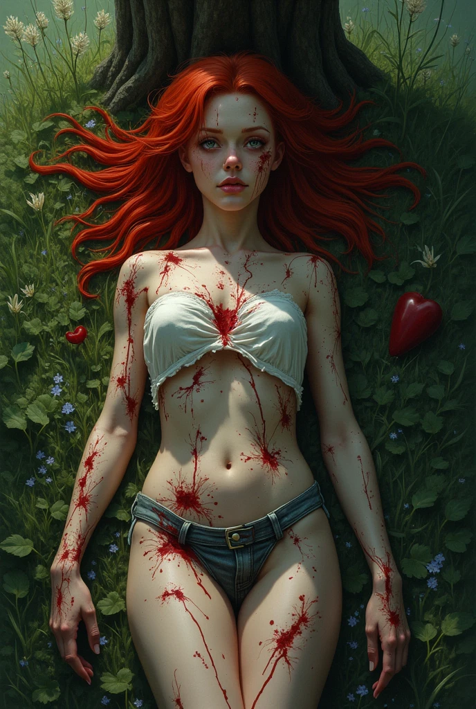 (High resolution,Tabletop:1.2),Super detailed,(Realistic:1.37),Portraiture,Full Body Shot、Candy evenly smeared all over the body、Candy Girl、Covered in red candy, (Partially transparent), Red liquid dripping from her body. Her hair is also Covered in red candy. Red candy sculptures scattered around, Golden Hair, blue eyes、Super cute face