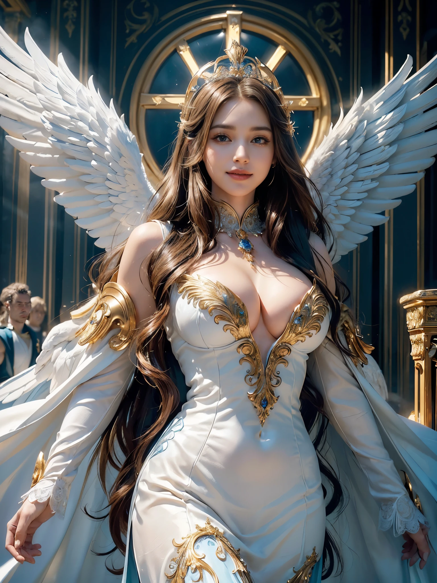 ((Very beautiful angel queen,The final form as a perfect angel, the masterpiece of an angel,Huge and intricate angel wings,The most dignified wings,Golden light,shining background,The most opulent and holy temple background,White and gold temple background,King of Angels,The most dignified angel,Intricate and solemn dresses,Light blue and gold embellishment dress on white,Light blue and gold dress on white base,Complex and majestic angel figure,The most majestic figure of the devil,The most intricately depicted figure of an angel,The World's Most Beautiful,Unimaginable beauties,divine atmosphere,The most intricate and beautiful dresses,Intricate reproduction of the perfect angelic detail,The figure of an unimaginably gorgeous angel,The figure of an unimaginably huge angel)), (((Tyndall effect;1.45))), ((Most beautiful face,Half Japan and half Spanish,The biggest happy smile,Beautiful wavy hair,Black and red hair,The most luxurious and intricate dresses,The biggest smile looking at the camera)),(Elegant standing figure,Fold your hands in front of your navel,)),Chest that seems to burst,Giant wings of angels,The background is the appearance of a perfect angel castle,Masterpiece,8K,very intricate,ultra-detailliert, nsfw