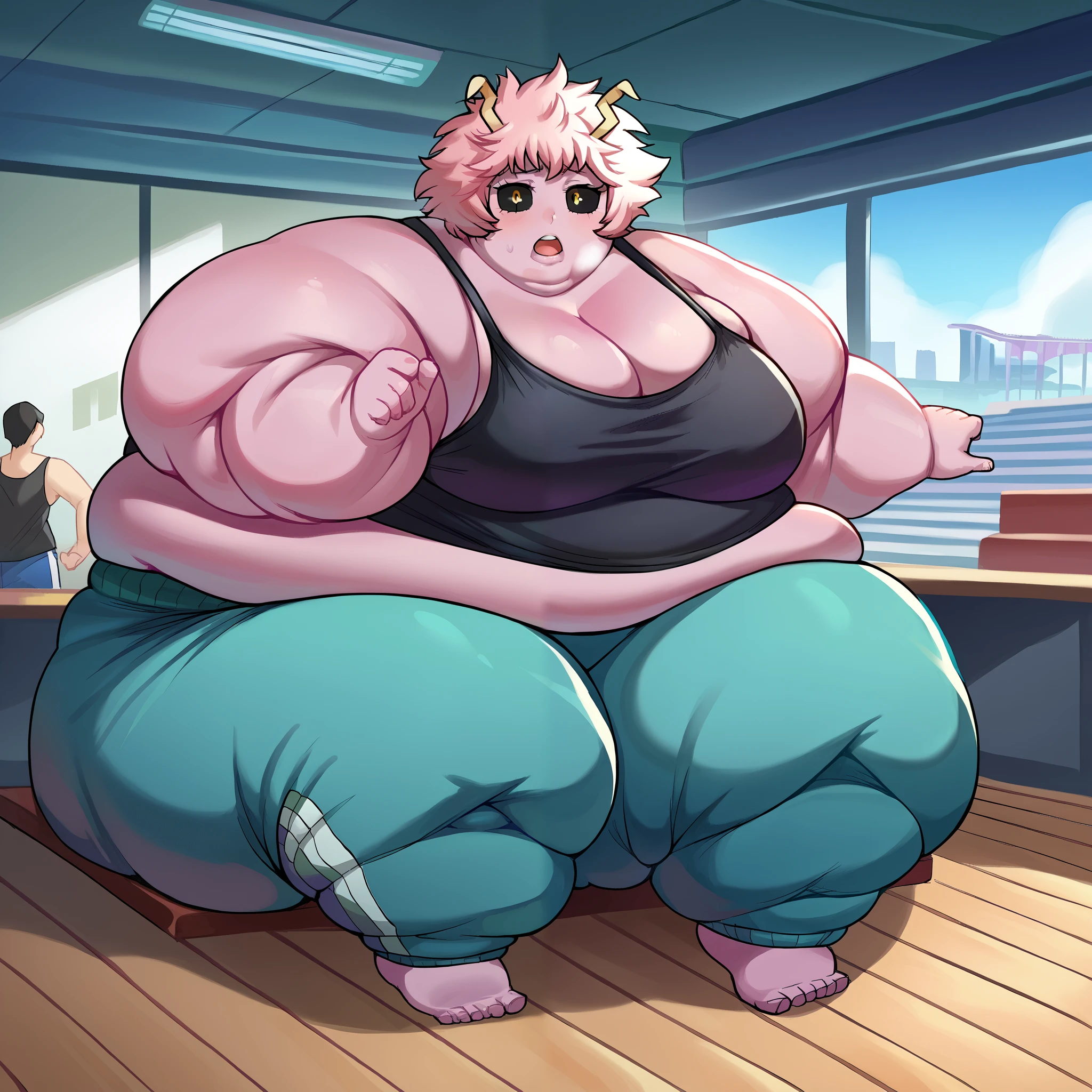 score_9, score_8_up, score_7_up, source_anime,
Mina Ashido, pink skin,
bare shoulders, pants, black shirt, tank top, blue pants, black tank top, track pants,
indoors,
looking at viewer,  fat, chubby, obese, gigantic arms and legs, large breasts open mouth, out of breath, full body shot, fat face, swollen face, chubby face, double chins, sitting down, being forced fed, force feeding 