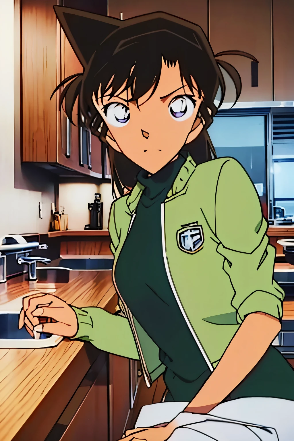 {{{Dylan}}},{{{ Detective Conan }}},{{{Long Hair}}},{{{official style }}},{{{adult}}},GREEN ONE PIECE TURTLENECK  MINI dress ,{ LIGHT GREEN CROPPED short JACKET }, Green Socks ,sink,laundry,kitchen,bringing upper body to the sink,open