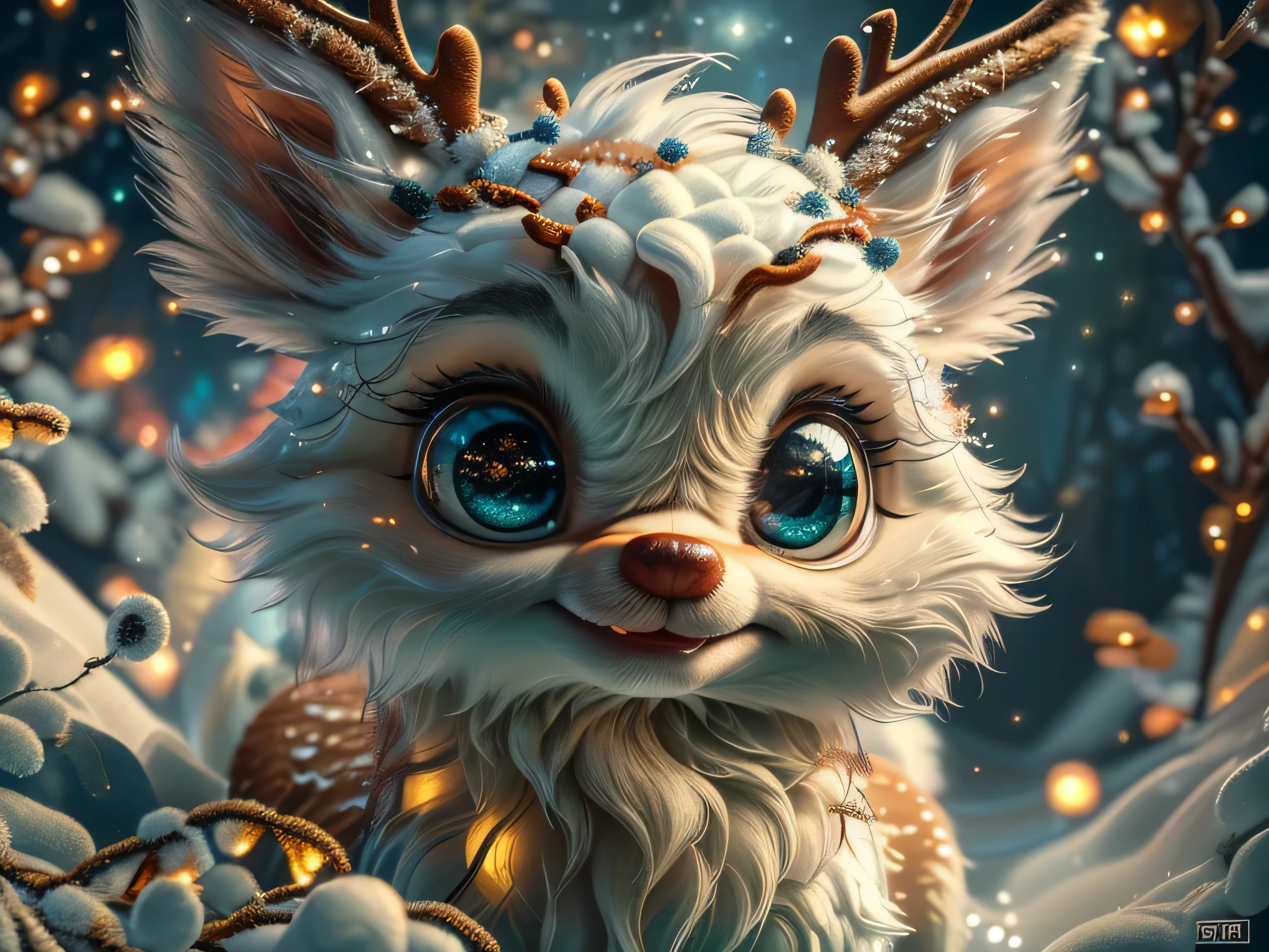 Magical Fantasy Creature, (Best Quality, Masterpiece, Representative Work, Official Art, Professional, Super Detailed, 8k:1.3), (Photorealism:1.2) Super Cute, Big Eyes, Soft, Soft Nose, Fluffy, Double-Toothed Smile, Aurorastyle, Highly detailed Dynamic shot of majestic adorable baby reindeer, high quality, beautiful masterpiece, fantasy creature, kawaii, digital art, glowing sparkles, Realistic, Beautiful, Stars in Eyes, Soft Volumetric Light, (Backlight:1.3), (Cinematic:1.2), Intricate Details, (ArtStation:1.3), --auto --s2