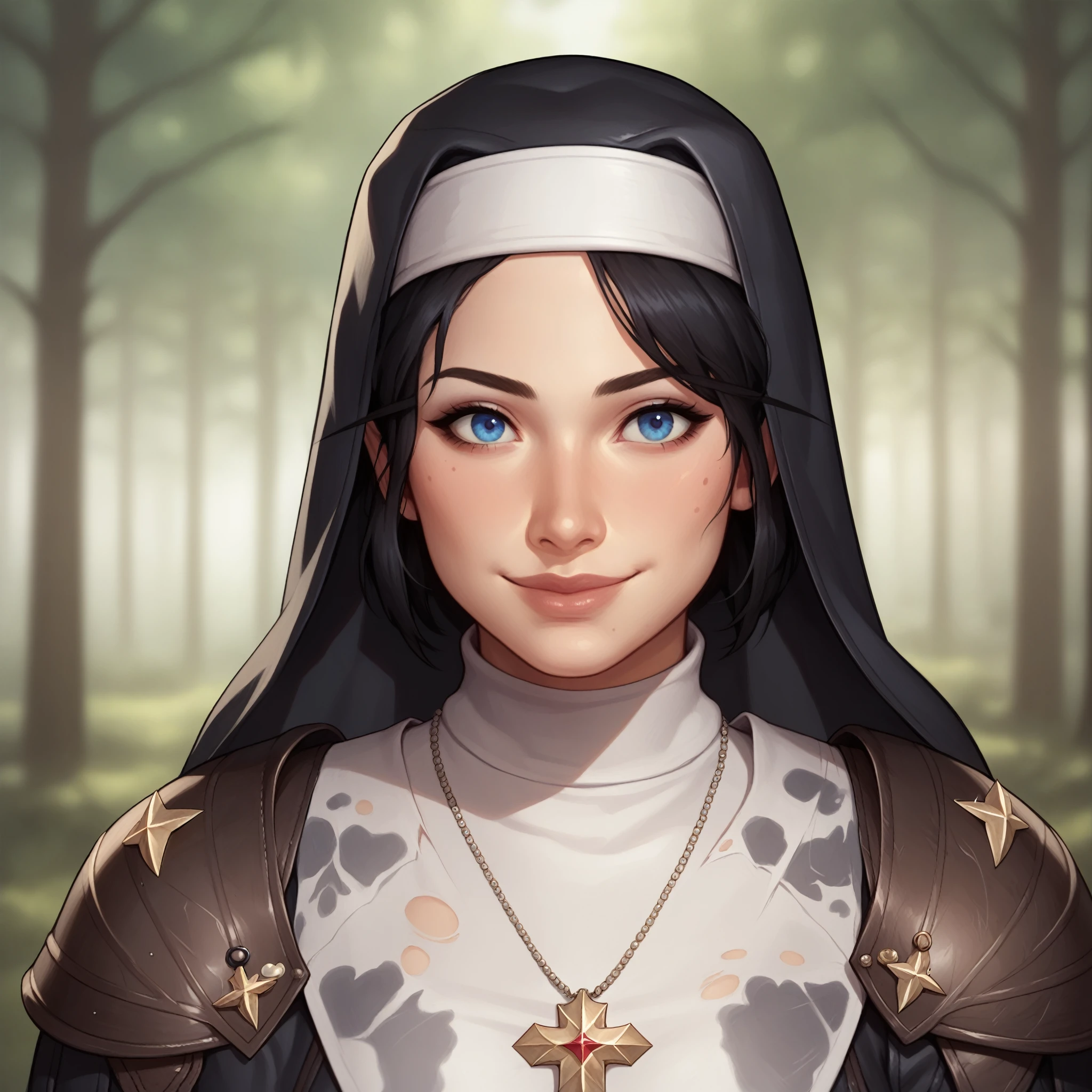 (((beautiful, high quality, comics style, detailed face))), score_9, score_8_up, score_7_up, BREAK, 1girl, duxlipa, warrior nun, small pointed ears, black hair, blue eyes, leather armor, (leather shoulder pads:1.4), simple pendant, nun veil, dirty clothes, smile, docile, female focus, solo:1.4, portrait, upper body, portrait, looking at the viewer, forest background, fantasy, blurred background, Expressiveh, detailxl, DeepNegative_xl_v1