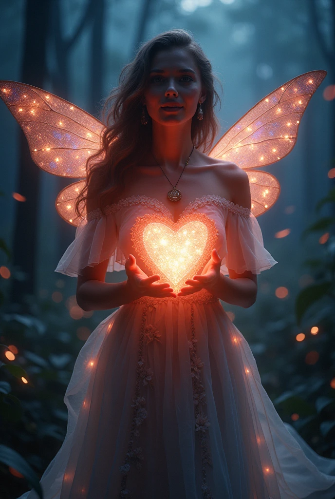 A beautiful and radiant woman, a friendly smile, luminous blue eyes, cute smile, Holding a magical [heart-shaped red]::5 light orb in her hands, the heart's glow illuminates her face, casting a soft and enchanting radiance. She has blue skin, angel wings, Gothic, stunning, a perfect and accentuated body with curves. A portrait of a whimsical and mysterious young forest fairy named Xuri, with long limbs and white angel wings. Short and elegantly messy black hair, cut at chin length, with captivating charm. Wearing a futuristic and captivating clubber outfit, she exudes an air of both elegance and edginess. She's seated on a rock inside a dark tunnel illuminated solely by LED lights on the ceiling, intricate details, high resolution, 3D digital painting, magical, whimsical, elaborate details, high definition, 8K, in the style of Tim Burton, Jean Baptiste Monge, Brian Froud, Mark Ryden, Bob Eggleton, Joe Fenton, Les Nabis, Rodney Matthews, Stephanie Law, Skin Tone, Wing Appearance, Hair Texture and Shine, Eye Depth and Reflection, Lip Texture and Gloss, Dress Details, Background Lighting, Backdrop Atmosphere, Volumetric and Cinematic Effects, Emotional Beauty, Insanely Refined Details, Brightness Enhancement, Light Intensity, Glow Effect, Highlight Enhancement, Ambient Lighting, Light Diffusion, Lens Flare, Specular Highlights, Light Source Placement, Light Orb Glow, Wing Luminescence, Skin Iridescence, Hair Motion, Hair Shine, Dress Reflection, Environment Ambience, Depth of Field, Lens Flare Intensity, Fairy Aura, Color Grading, Shadow Softness, Light Orb Brightness, Wing Highlights, Skin Luminescence, Hair Texture, Hair Shine, Dress Reflectivity, LED Light Intensity, Shadow Clarity, Global Illumination, Color Vibrancy, Image Resolution, Anti-Aliasing, Texture