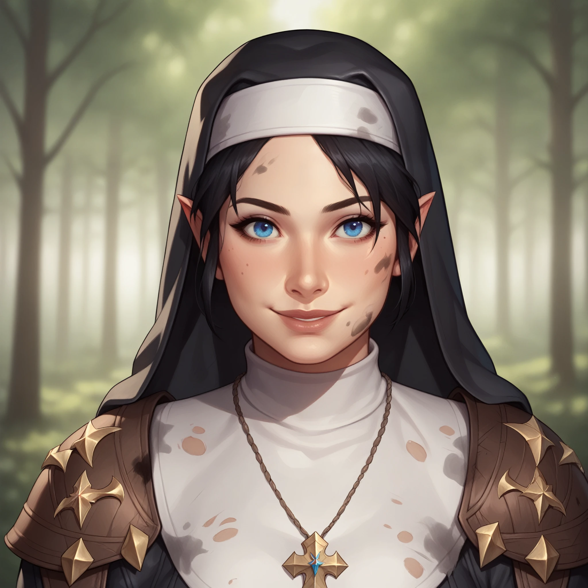 (((beautiful, high quality, comics style, detailed face))), score_9, score_8_up, score_7_up, BREAK, 1girl, duxlipa, warrior nun, small pointed ears, black hair, blue eyes, leather armor, (leather shoulder pads), simple pendant, nun veil, dirty clothes, smile, docile, female focus, solo:1.4, portrait, upper body, portrait, looking at the viewer, forest background, fantasy, blurred background, Expressiveh, detailxl, DeepNegative_xl_v1