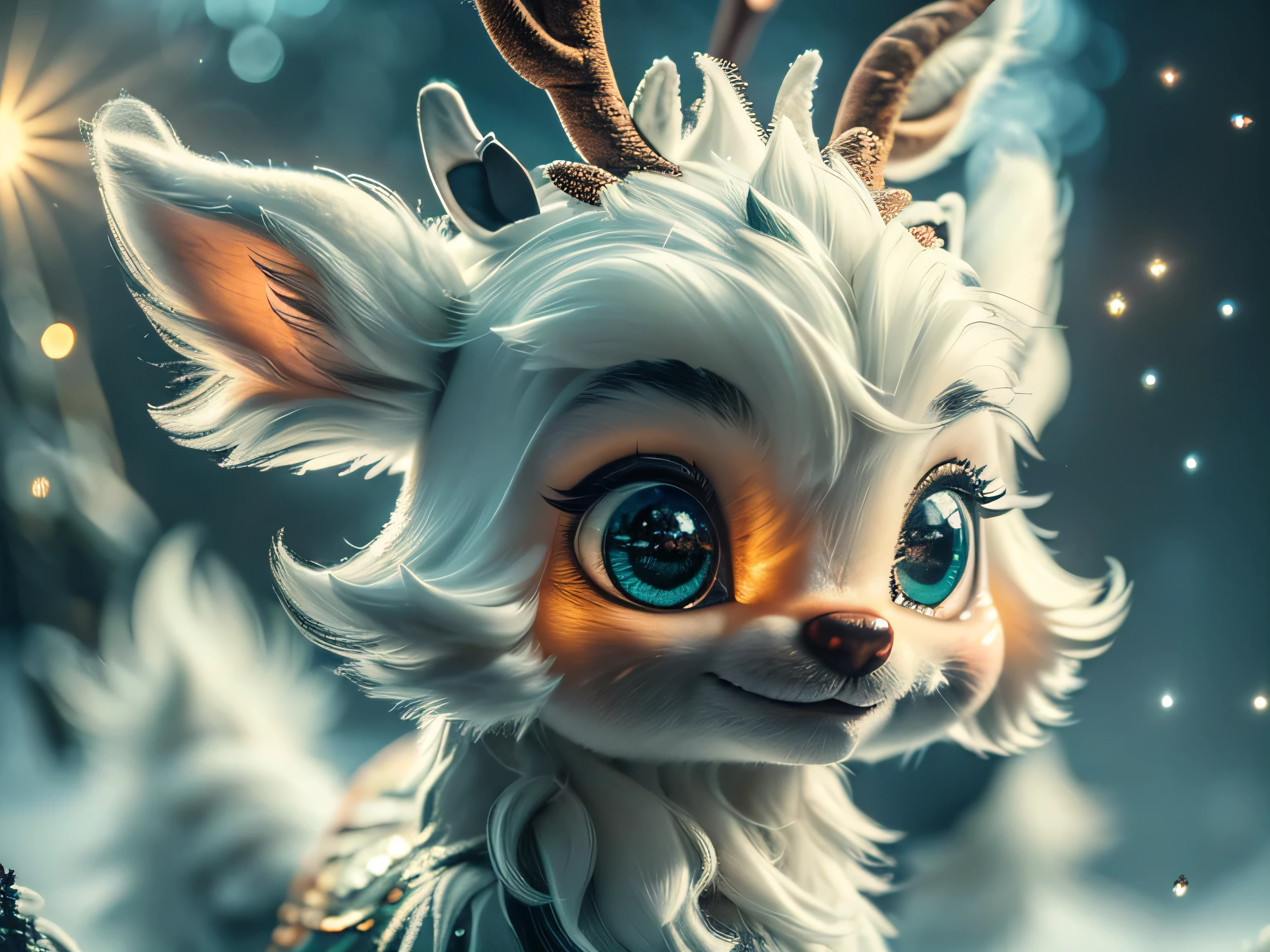 Magical Fantasy Creature, (Best Quality, Masterpiece, Representative Work, Official Art, Professional, Super Detailed, 8k:1.3), (Photorealism:1.2) Super Cute, Big Eyes, Soft, Soft Nose, Fluffy, Double-Toothed Smile, Aurorastyle, Highly detailed Dynamic shot of majestic adorable baby reindeer, high quality, beautiful masterpiece, fantasy creature, kawaii, digital art, glowing sparkles, Realistic, Beautiful, Stars in Eyes, Soft Volumetric Light, (Backlight:1.3), (Cinematic:1.2), Intricate Details, (ArtStation:1.3), --auto --s2