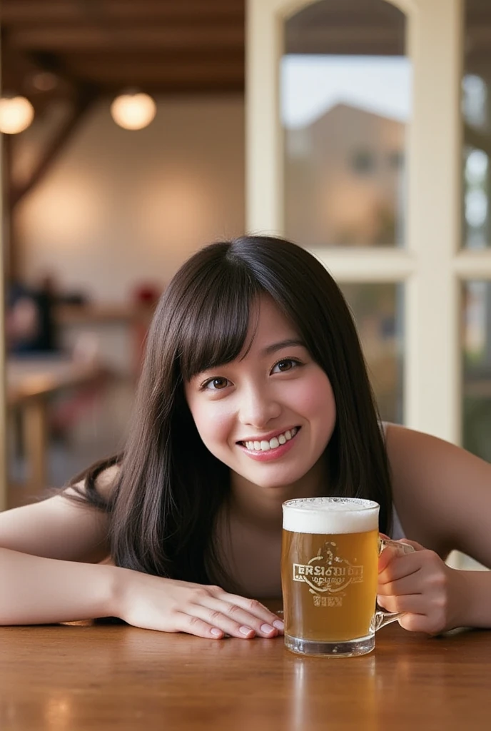  relaxing scene at a casual bar, Warm lighting, small casual bar  , (Woman with beer mug ), wooden table,  open space, cozy atmosphere