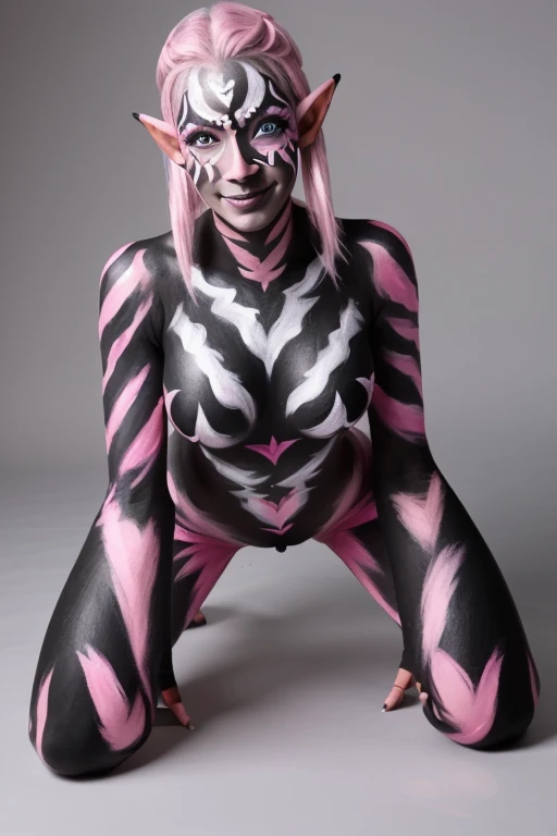 (SFW:1.3), High quality, Elf, (Full body pink body paint:1.3), (Black Checkered pattern body and face paint:1.4), (Black gradient paint towards the tip of the arms and legs:1.2), Photorealistic, silver hair, large breasts, realistic, kneeling, smile, bikini