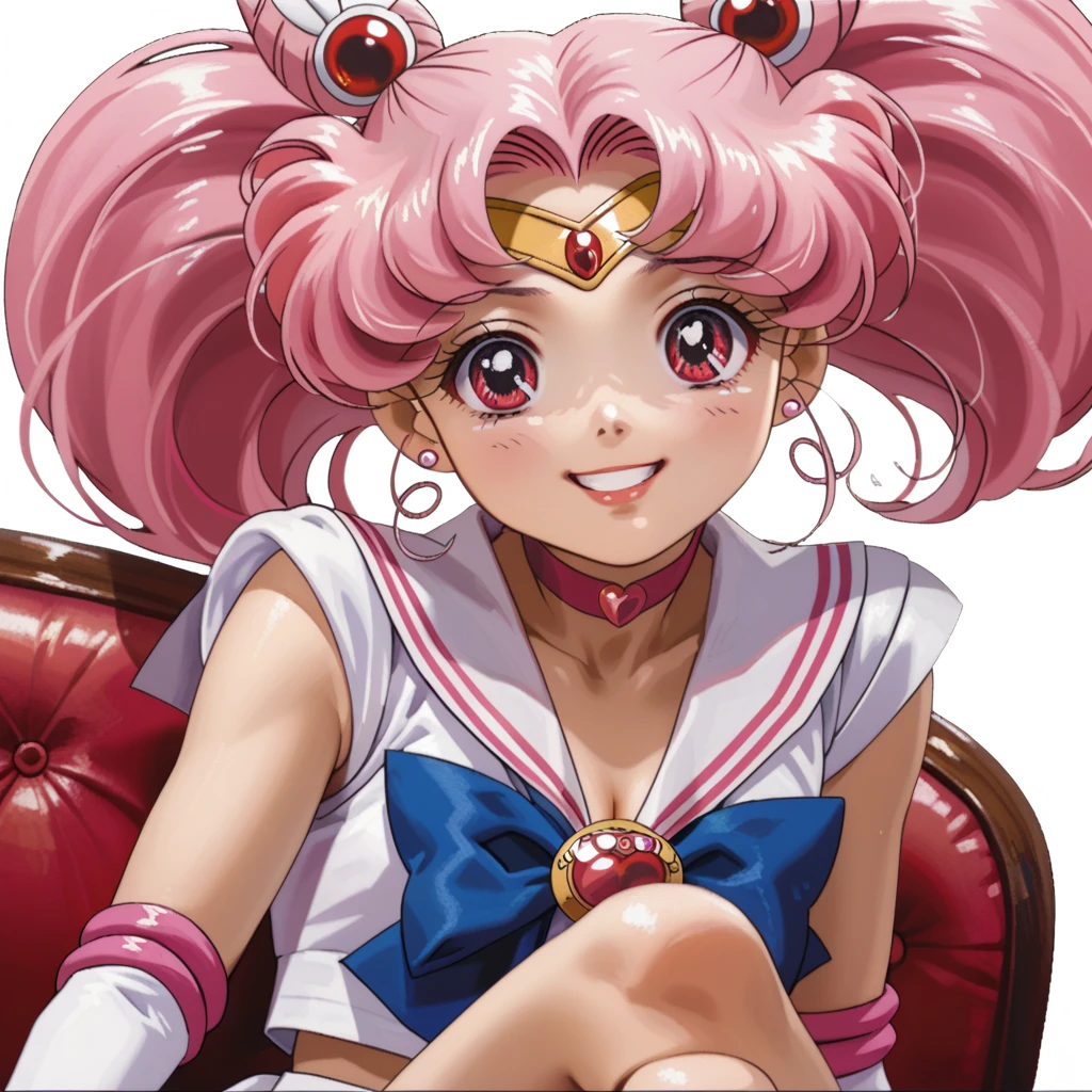 masterpiece, best quality, absurdres, perfect antomy, 1girl, solo, SMMoon, 1990s \(style\), sailor chibi moon pink hair, pink pupils eyes, close-up, smile, cowboy shot, sailor senshi uniform pink, pink sailor collar, Pink pleated skirt, elbow gloves, in back pose, show her booty, sitting in sofa, crossed legs , showing her booty , smirking,with a stupid face, serius face, silly face, very nice ass, small white thong,