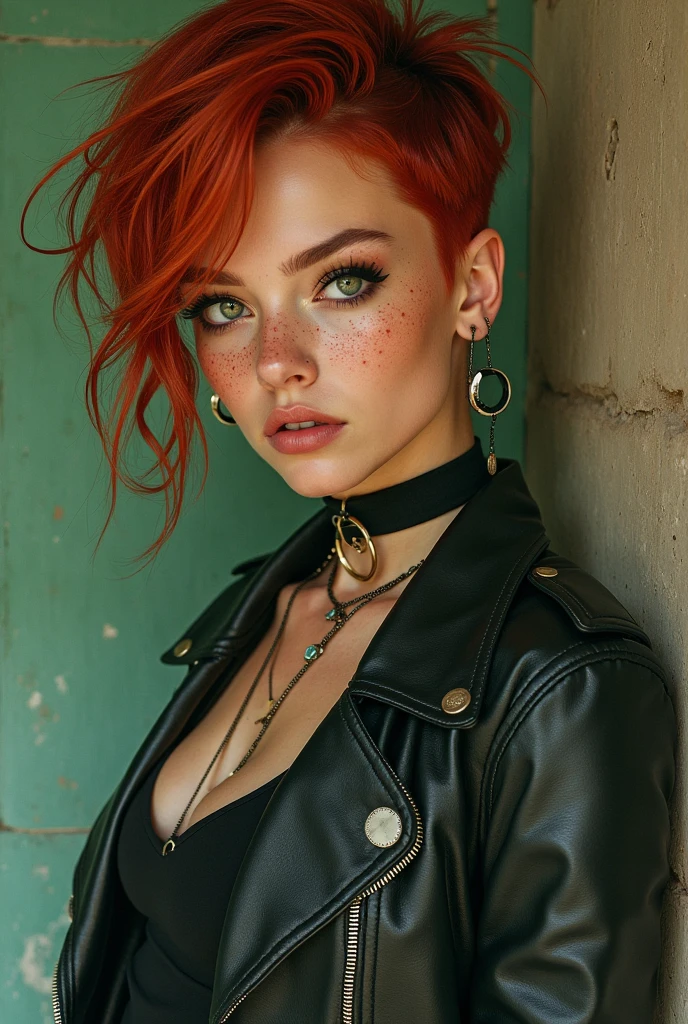 Punk woman, red-haired, Irish, very short hair brushed back , Tomboy with freckles , green eyes and slim athletic body . Dressed in casual clothing from the 90s
