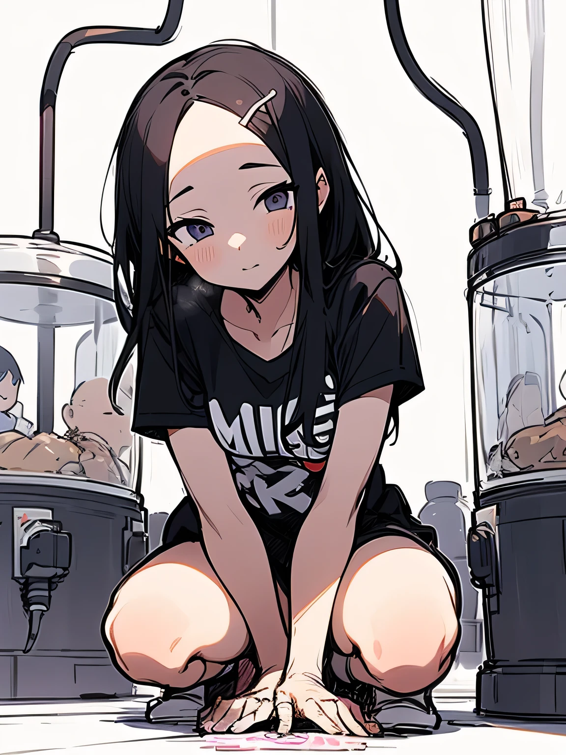 from front,Alone,14years old,(squatting spread open legs:1.3),black hair,big forehead,mother、 breast milk、(milking:1.3),((pump milking machine)),Baby bottle ,nsfw, Mother's Eros、( milking),maternal、Hinata、(manga style),(sketch),(illustration),