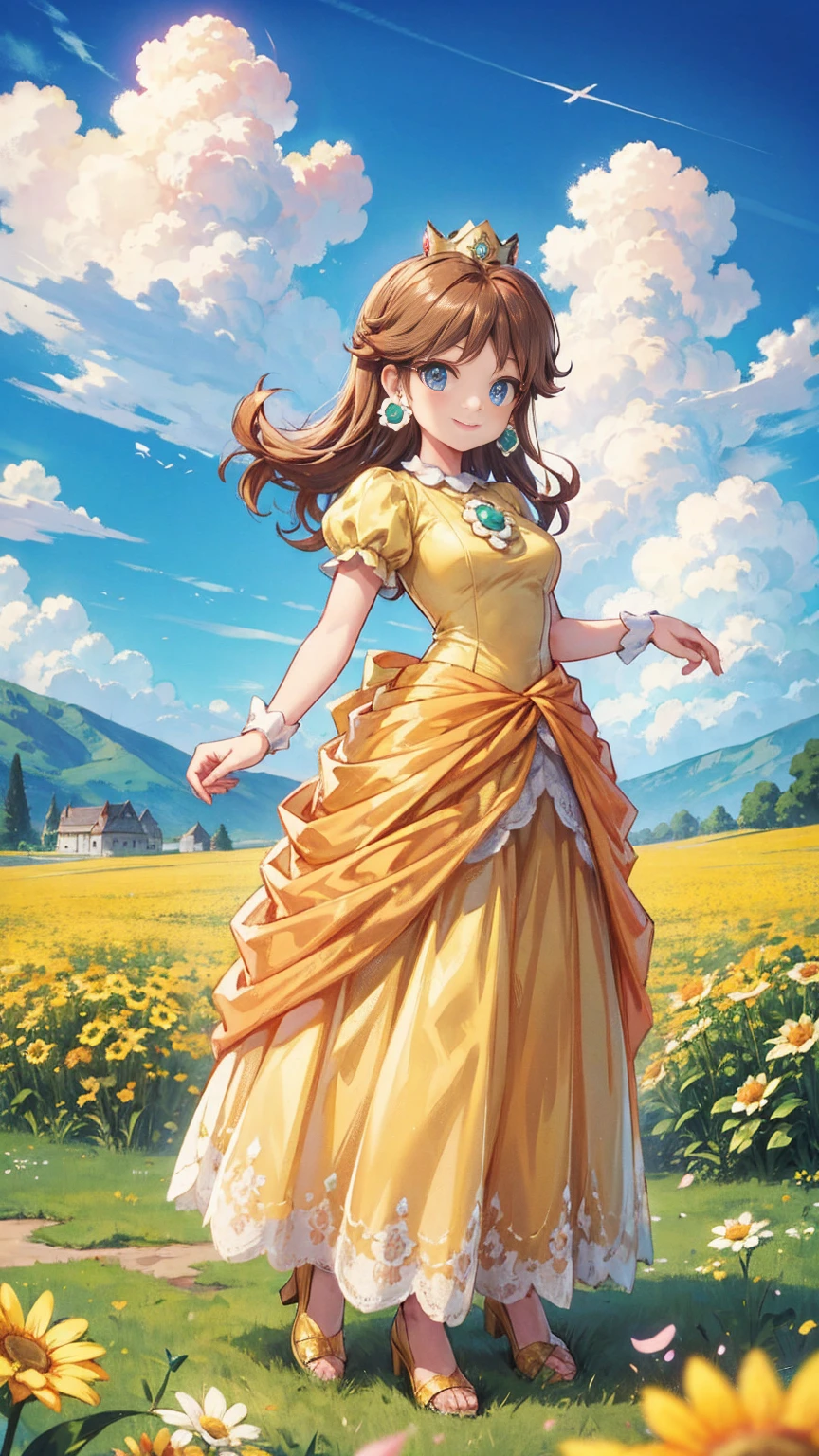 Princess daisy super mario, brown hair, blue eyes, short products hair, gold princess crown, flower earrings, yellow long dress, puffy short sleeves, flower brooch, smile, flowers, outdoors, sky, cloudy sky, anime waifu style,full body shot