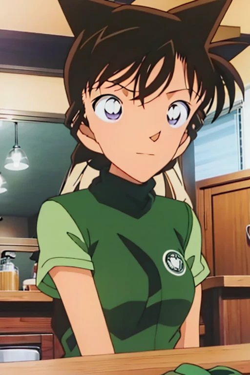 {{{Mouri Ran}}},{{{ Detective Conan }}},{{{Long Hair}}},{{{official style }}},{{{adult}}},GREEN ONE PIECE TURTLENECK MINI dress ,{ LIGHT GREEN CROPPED mini JACKET }, Green Socks ,sink,laundry,kitchen,bringing upper body to the sink,open