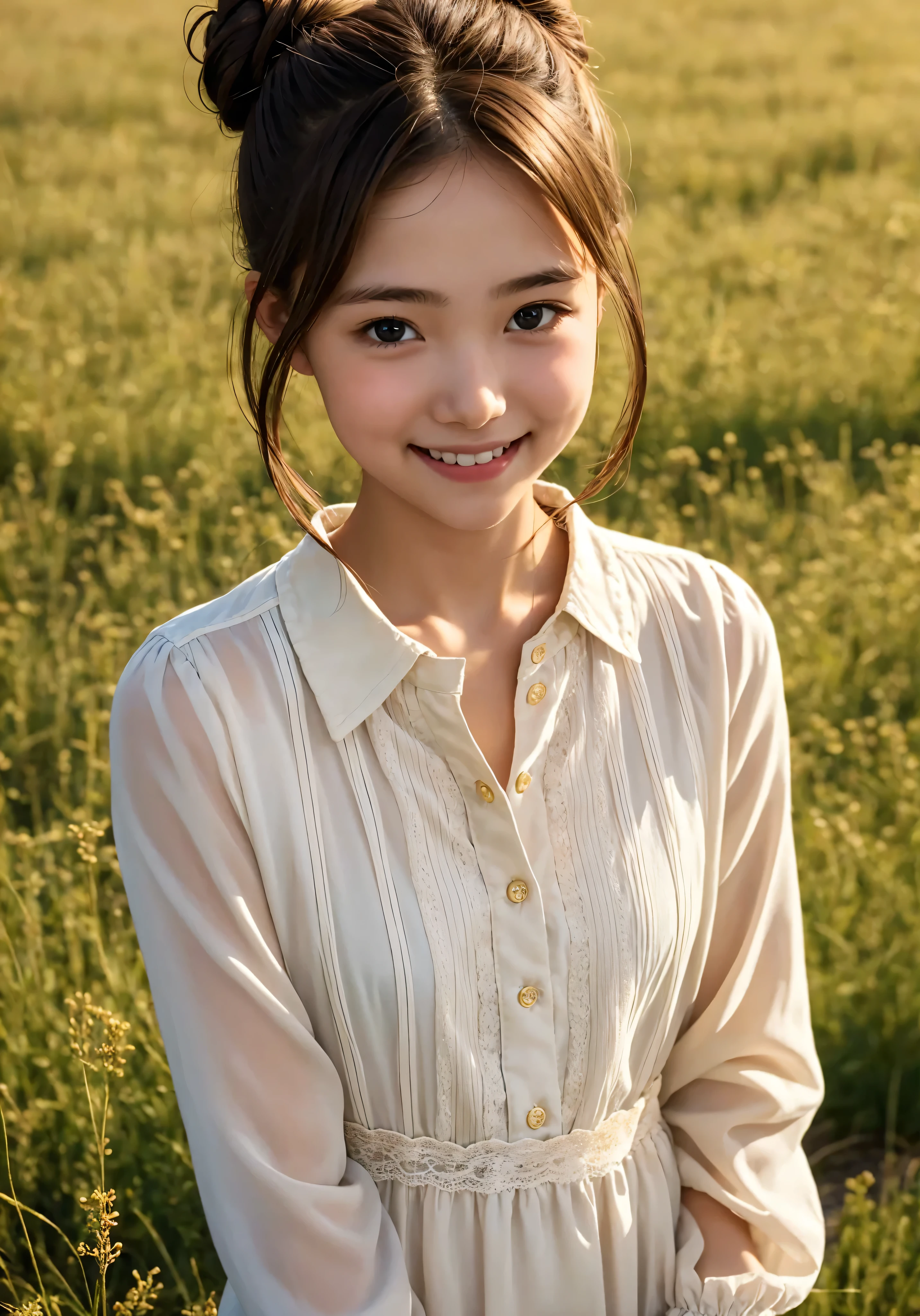  pretty girl , bun hair, brown hair,delicate,smile,masterpiece,field, long-sleeved blouse 