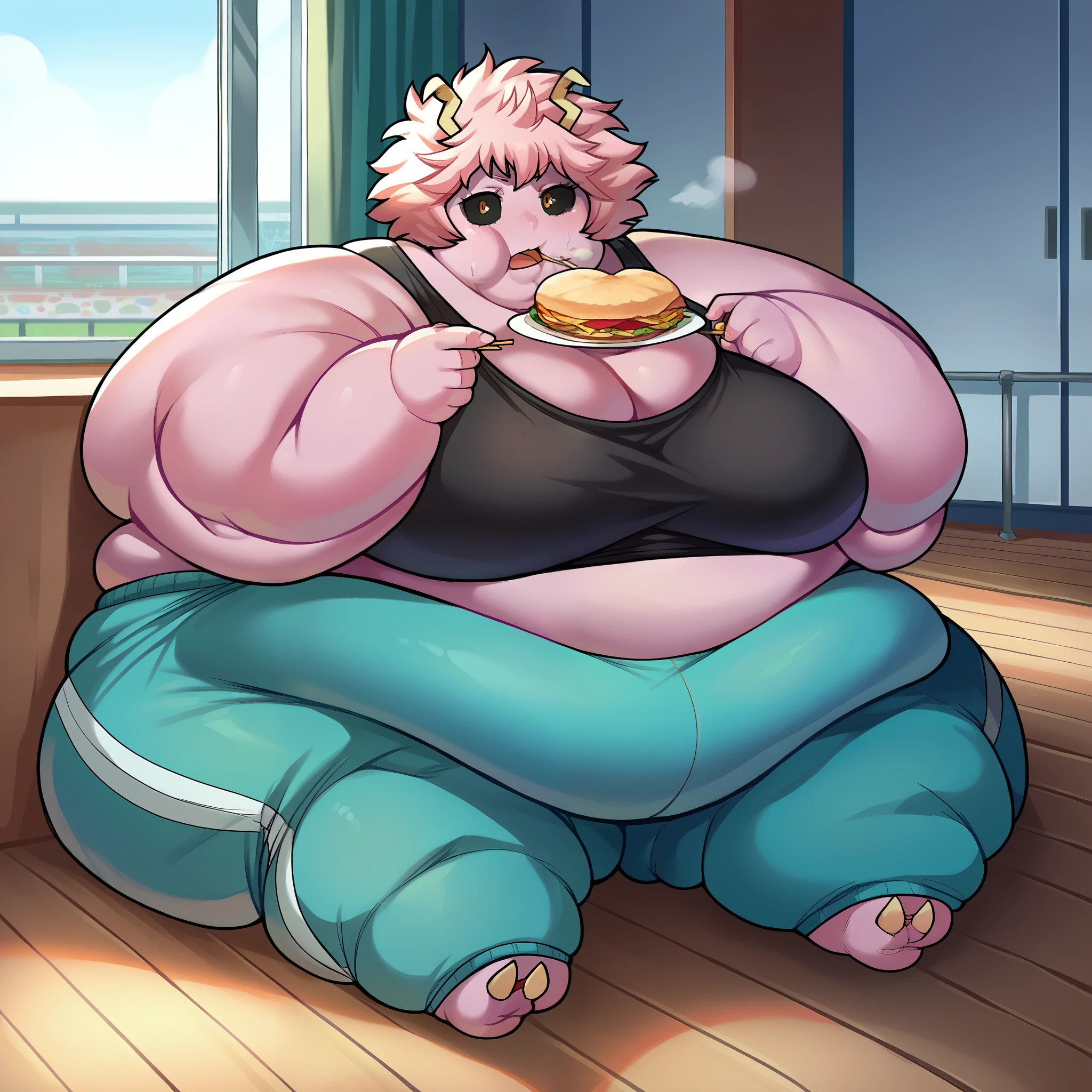 score_9, score_8_up, score_7_up, source_anime,
Mina Ashido, pink skin,
bare shoulders, pants, black shirt, tank top, blue pants, black tank top, track pants,
indoors,
looking at viewer,  fat, chubby, obese, gigantic arms and legs, large breasts open mouth, out of breath, full body shot, fat face, swollen face, chubby face, double chins, sitting down, eating like a pig, eating, stuffing mouth with food