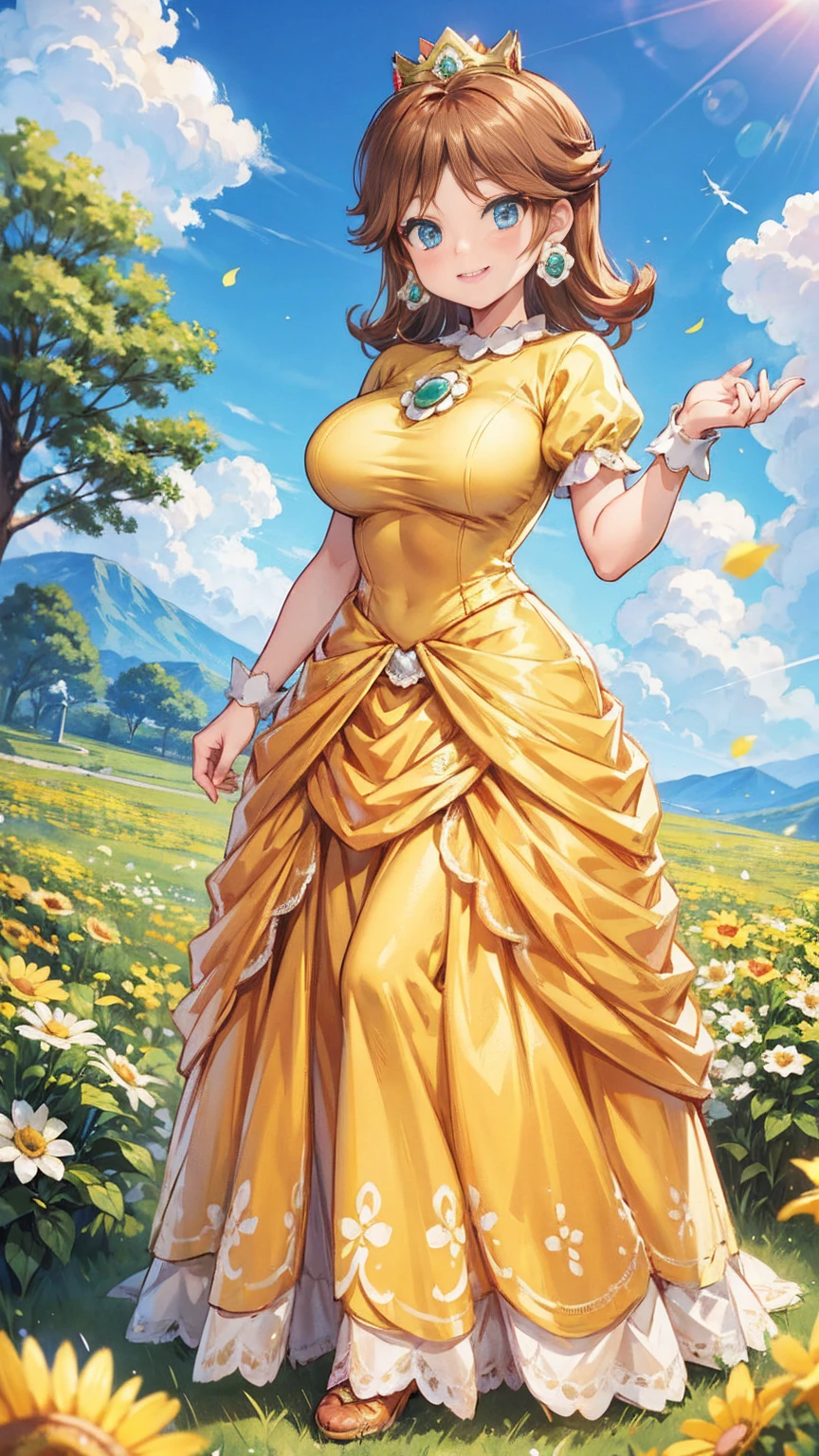 Princess daisy super mario, brown hair, blue eyes, short products hair, gold princess crown, flower earrings, yellow long dress, puffy short sleeves, flower brooch, smile, flowers, outdoors, sky, cloudy sky, anime waifu style,full body shot,large breasts