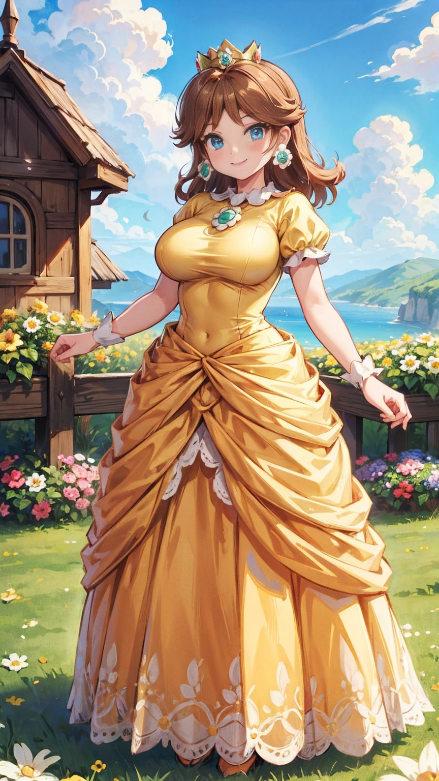 Princess daisy super mario, brown hair, blue eyes, short products hair, gold princess crown, flower earrings, yellow long dress, puffy short sleeves, flower brooch, smile, flowers, outdoors, sky, cloudy sky, anime waifu style,full body shot,large breasts