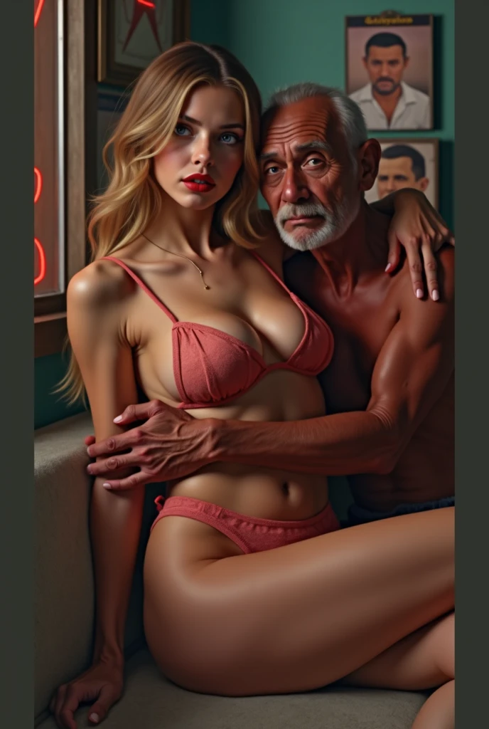 (masterpiece), ((couples shot)), half screen, ((( an old man is seated beside a beautiful 21 years old woman on a leather couch))), (she kisses the old man intensely))),best quality, perfect anatomy, ((she is wearing no clothing)), ((small breasts, slender but supple hips)), (long blonde hair), (detailed brown eyes are open) , slender hips perfect body, perfect makeup, intense detail, UHD, very realistic