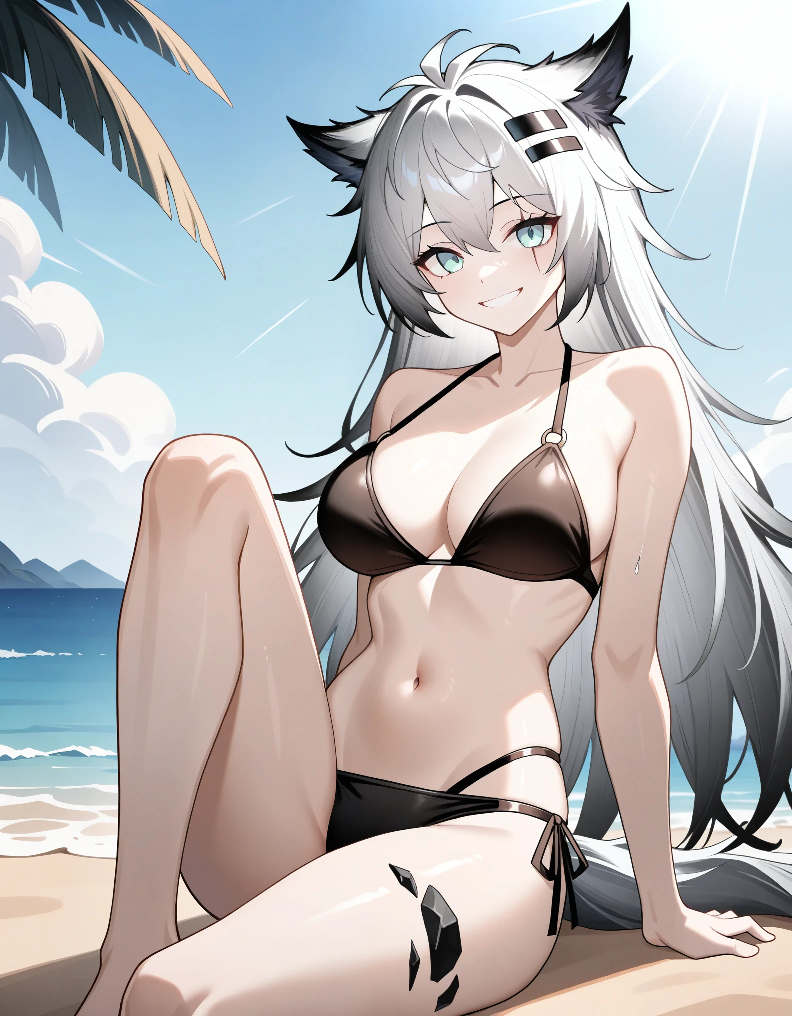 1girl, lappland\(arknights\), arknights, aqua eyes, scar across eye, breasts, bikini, sitting, knee up, smile, beach, sunlight, masterpiece, best quality, very aesthetic, absurdres