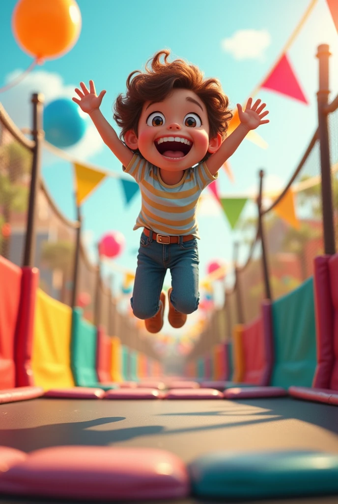 In a heartwarming scene, a joyful young boy named Timmy, with Disney Pixar-style design, is depicted jumping exuberantly with a smile on his face. Surrounding him are an array of colorful toys: a bouncing ball, a wooden horse, a teddy bear, and a spaceship model. The graphic style reflects the charm of Disney Pixar animations with its vivid hues, highly detailed textures, and smooth lines. The background is transparent, allowing the focus to be solely on the jubilant boy and his beloved toys.