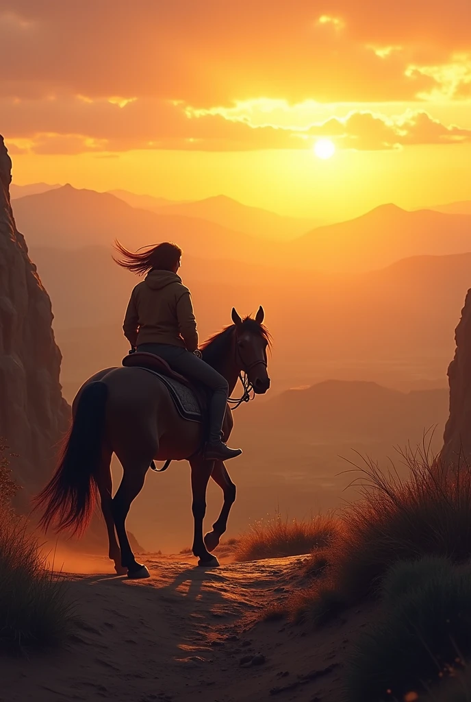 Anime, 2D drawing, women walking behind a horse, bigger yellow sunset scene