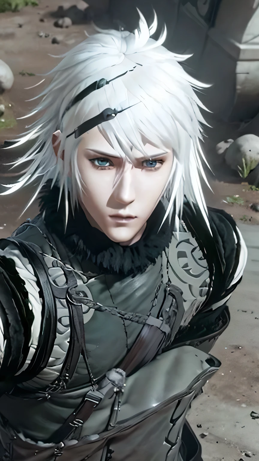 Anime boy, Nier, handsome, white hair, focusing on her face, only face, gray background