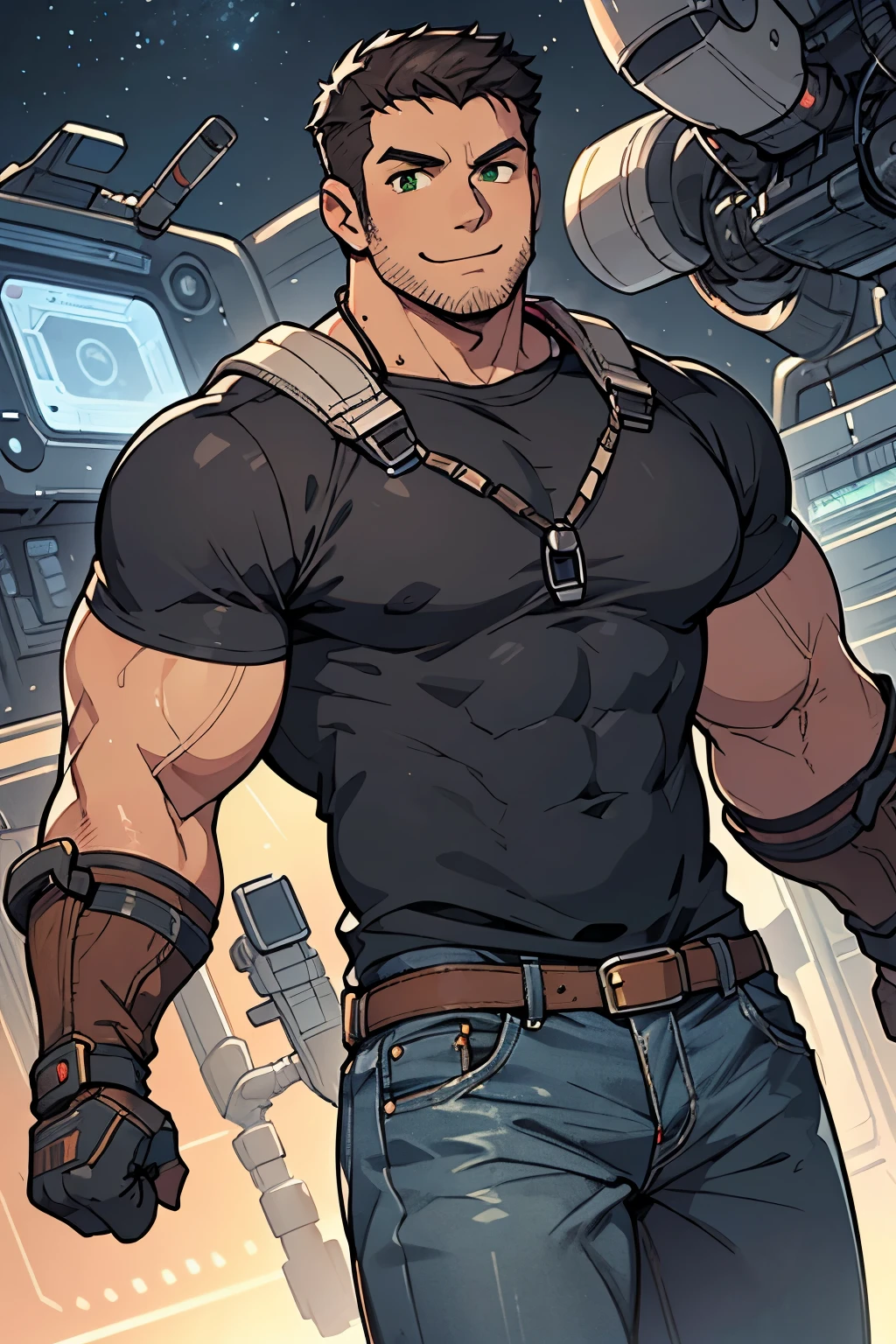 Masterpiece, Best Quality, Ultra-Detailed, 1man, bara, big, strong, manly, rugged, jock, black shirt, sci-fi circuits details on shirt, black sci-fi gauntlet, jeans pants, green eyes, brilliant eyes, looking at viewer, happy expression, spaceship background