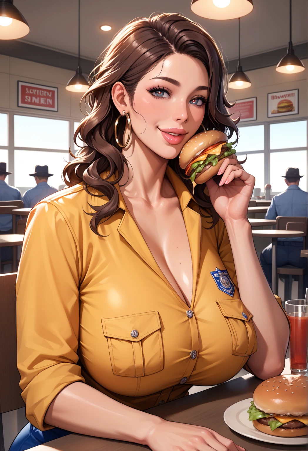 masterpiece, best quality, [paloma piquet|kuroi suna], [gogalking|logan cure], 1girl, lips, small breasts, blue eyes, black hair, mcdonald's cap, mcdonald's shirt, cleavage, cargo pants, leaning forward, extended downblouse, nipples, coy smile, tray, table, hamburger, fries, plastic cup, [mcdonald's|]