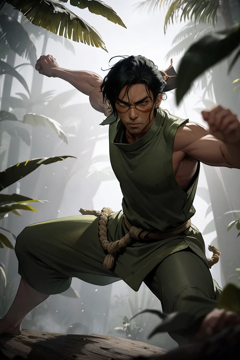 A man wearing black and brown silat clothes performs traditional martial arts movements in the middle of a tropical forest. Both wore traditional Malay clothing complete with black tanjak (kopiah) and cloth sashes around their necks. Their body position shows a ready-to-fight attitude, with a serious expression. The background is filled with green trees which provide a natural feel and strong local culture. The daytime atmosphere with natural lighting highlights the bright colors of their clothes.