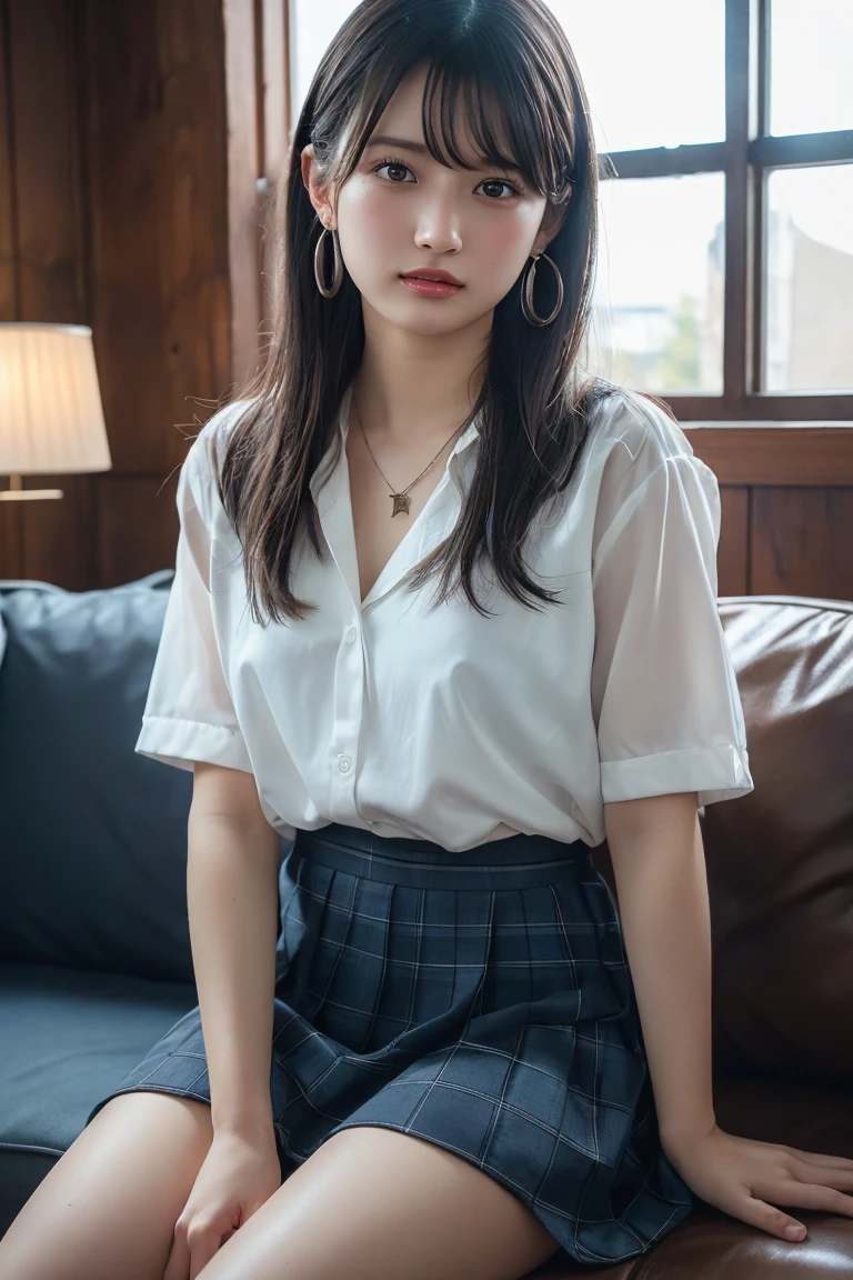 Ultra photo realsisim, 8K, CG,s the perfect face,flawless perfection,Ren,tmasterpiece,professionalartwork,famousartwork,s the perfect face,beauitful face,beautidful eyes,pony tails,((Perfect female body)),独奏,(immersiveatmosphere,lightand shade contrast:1.5,Bright light:1.2,lumnious),(Blushlush:0.5),Enchanting expression,Ultimate detail_The eye,thick thight,huge tit,Exquisite background,depth of fields,photorealestic:1.3,Faraway view,1girll,The shirt,pleatedskirt,school uniform,Sit Pose,((((full bodyesbian)))),(ambient lights:1.3),(cinematic compositions:1.3),(neonlight:0.1),(hdr:0.1),emphasis lighting,White panty hose,(((clear clothing)),perspired,Sweat,