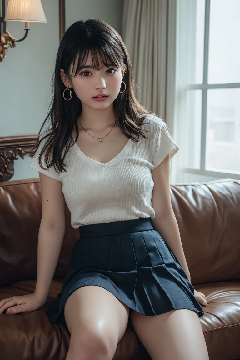 (Looking at the camera,looking at the camera),bent over:1,bent over:1,((The skin is wet from sweat)),Cleavage,Inside the house,entrance,Wearing a shirt,(Looking down),Troubled face、Skirt Lift、Lift your skirt with your hands,woman, 20-year-old, Short Hair、bangs、(Plain tight skirt),(White lace panties)、Cute earrings