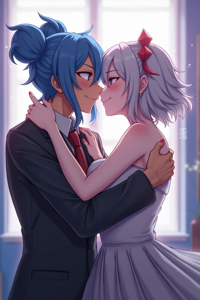 NSFW,masterpiece,Highest quality,High resolution,Super detailed,Star Town Suisei\(Hololive\),Blue Hair,One Side Ponytail,Blue Eyes,Small breasts,(High-quality see-through dress,silk),Estrus,smile,blush,(Sweat),Luxurious Room,Party Venue,chandelier,(Middle-aged men),A man puts his hands on her waist and hugs her,Having sex,Insert,Creampie,heart,Being spoiled,Physical contact,Deep Kiss